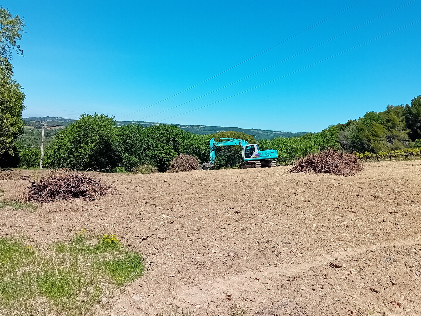 Réalisations Arrachage de vignes par GUILLAUME TP. Terrain avec le Bull au milieu de plusieurs tas de cep de vignes arrachés